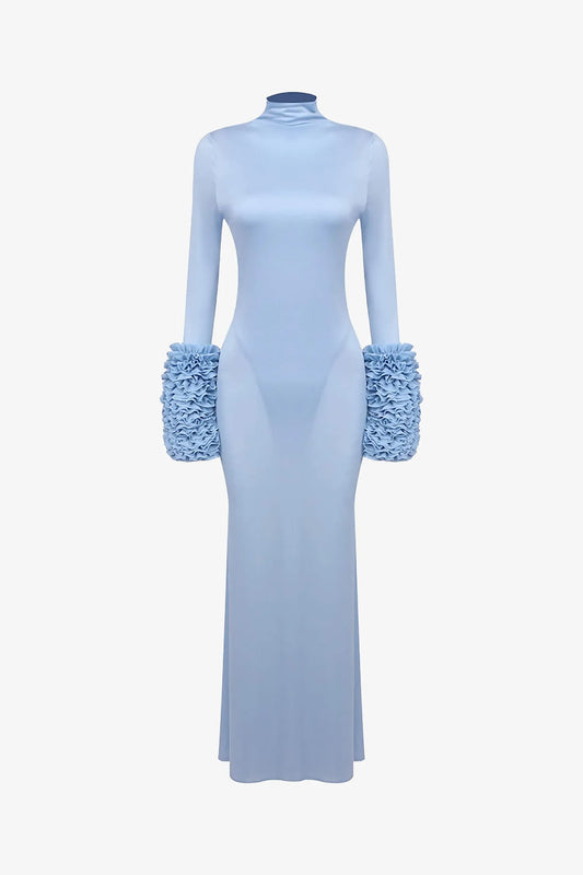 Light Blue Ruffled Sleeve High Neck Maxi Dress