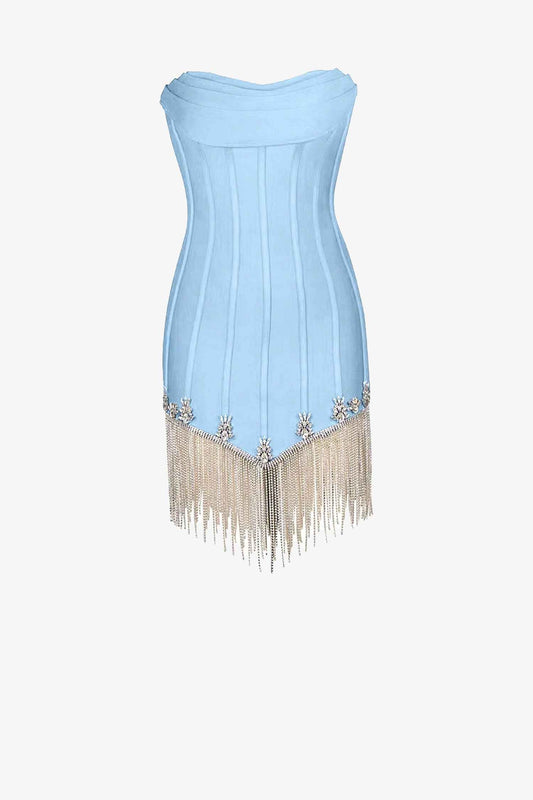 Light Blue Strapless Tassel Rhinestone Mini Dress Dress