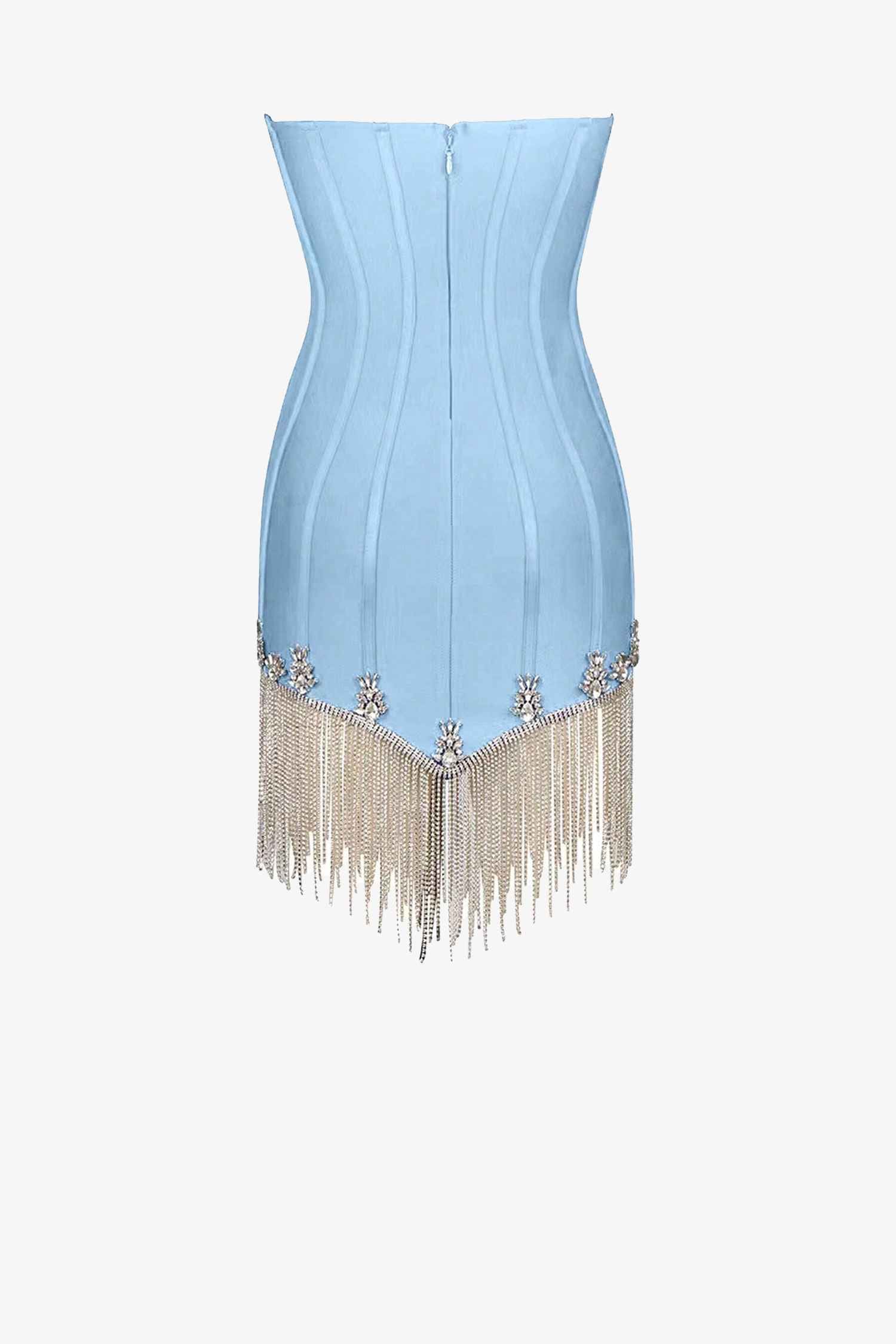 Light Blue Strapless Tassel Rhinestone Mini Dress Dress