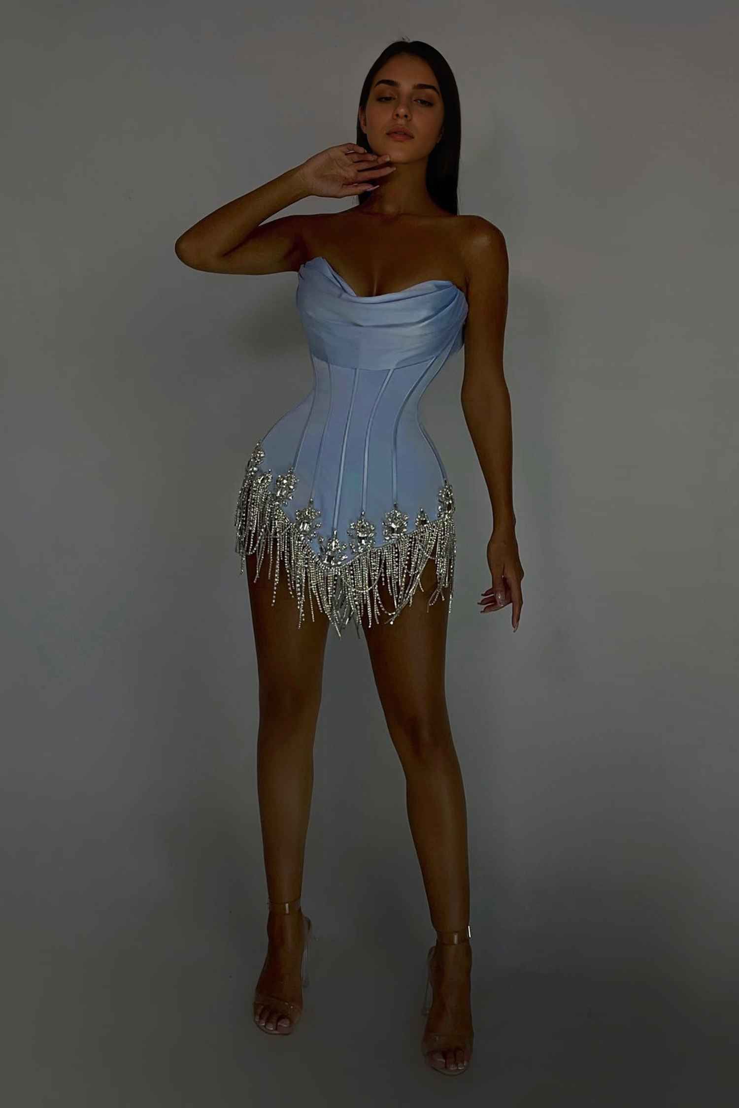 Light Blue Strapless Tassel Rhinestone Mini Dress Dress