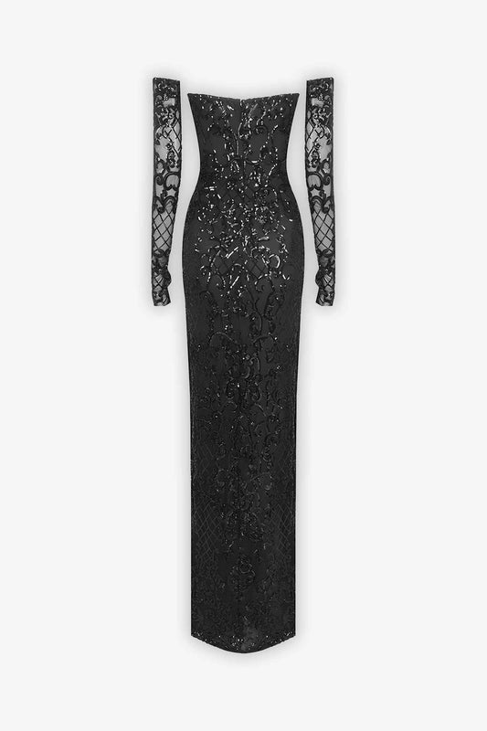 Maxi Black Sequin Beaded Split Dress With Gloves Dress