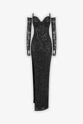 Maxi Black Sequin Beaded Split Dress With Gloves Dress
