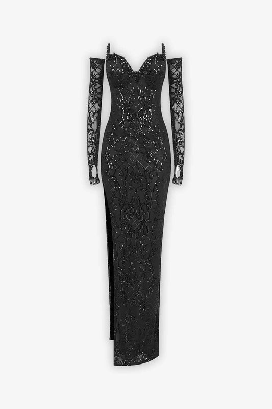 Maxi Black Sequin Beaded Split Dress With Gloves Dress
