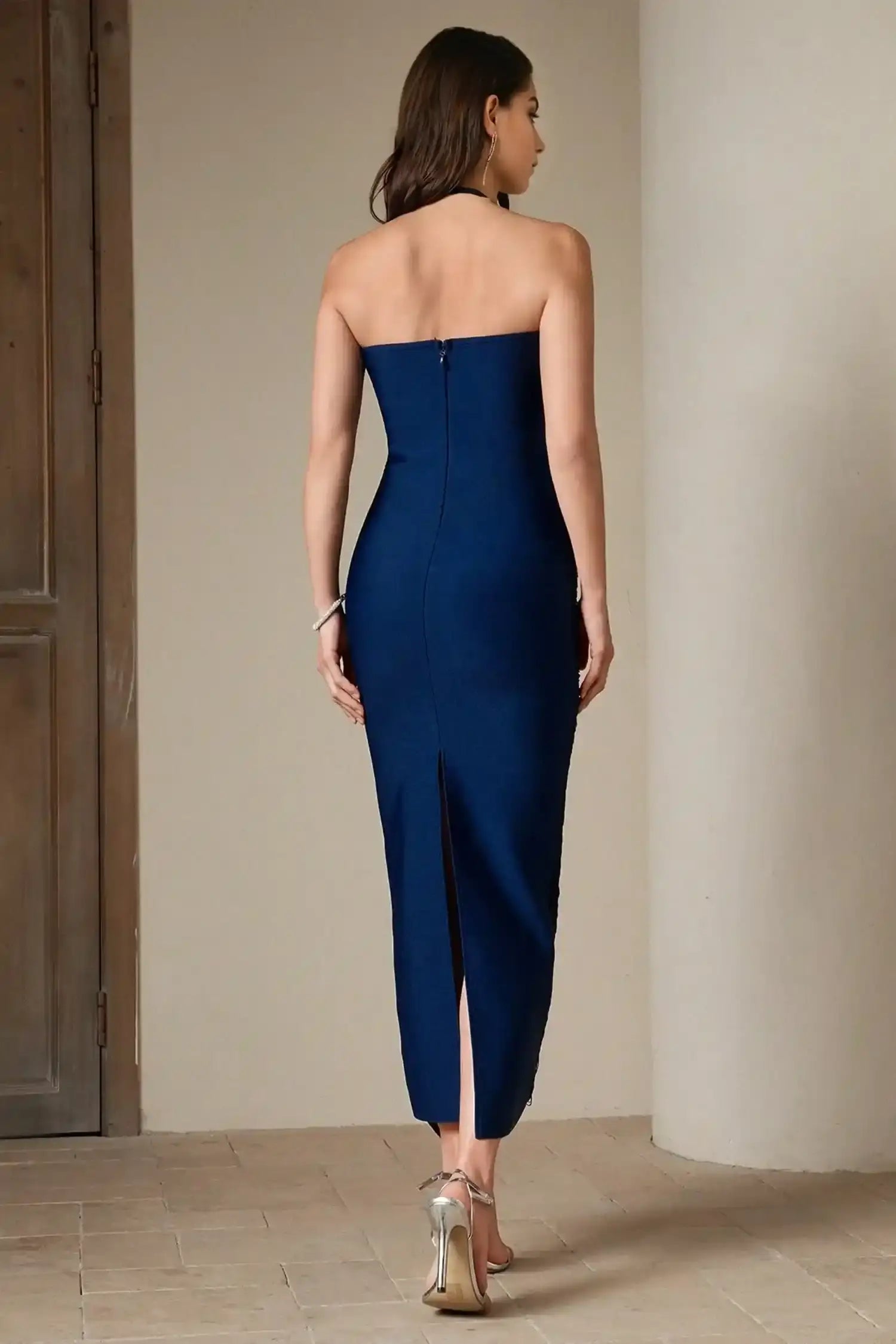 Navy Blue Halter Fringe Long Dress Dress