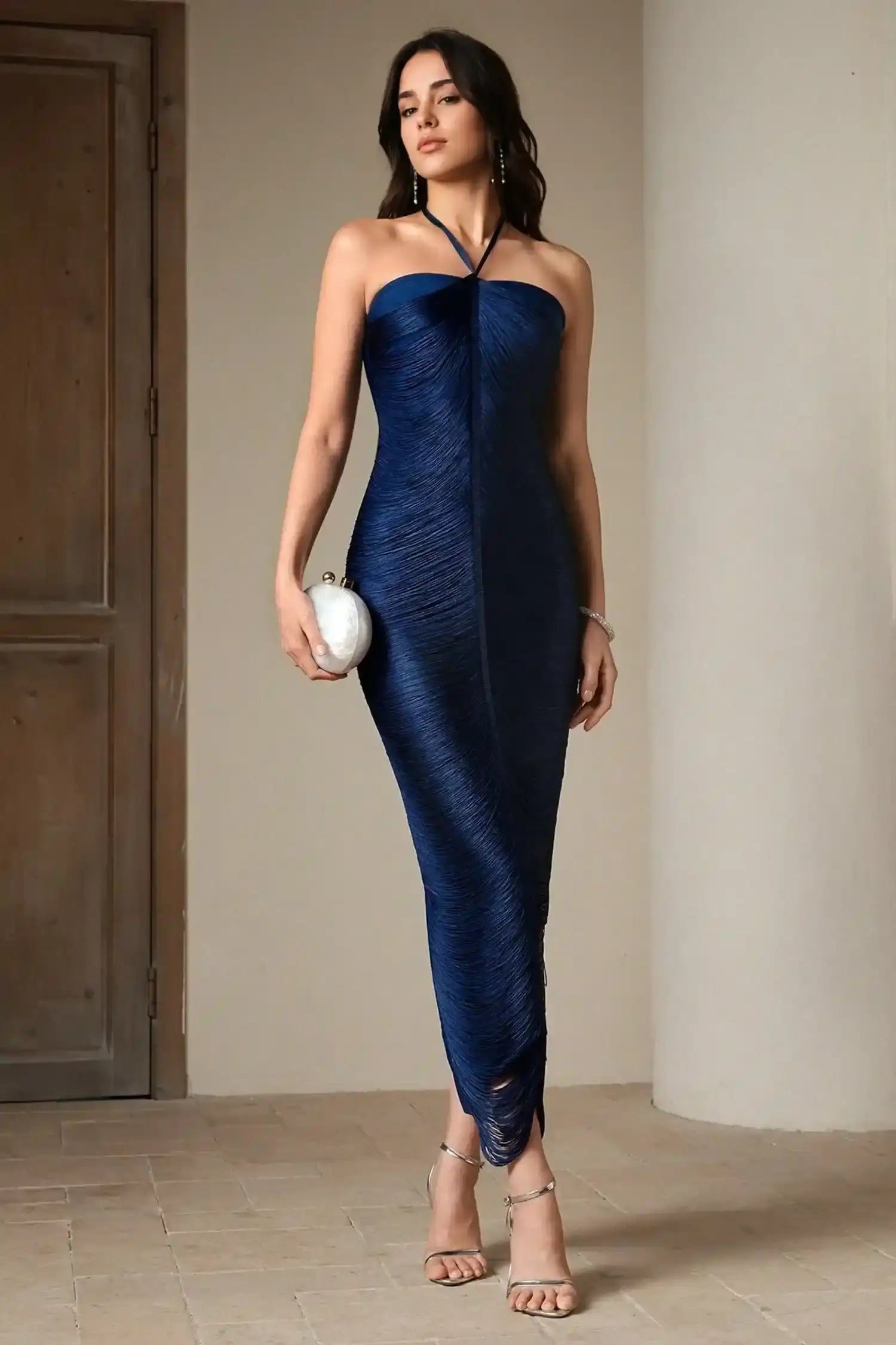 Navy Blue Halter Fringe Long Dress Dress