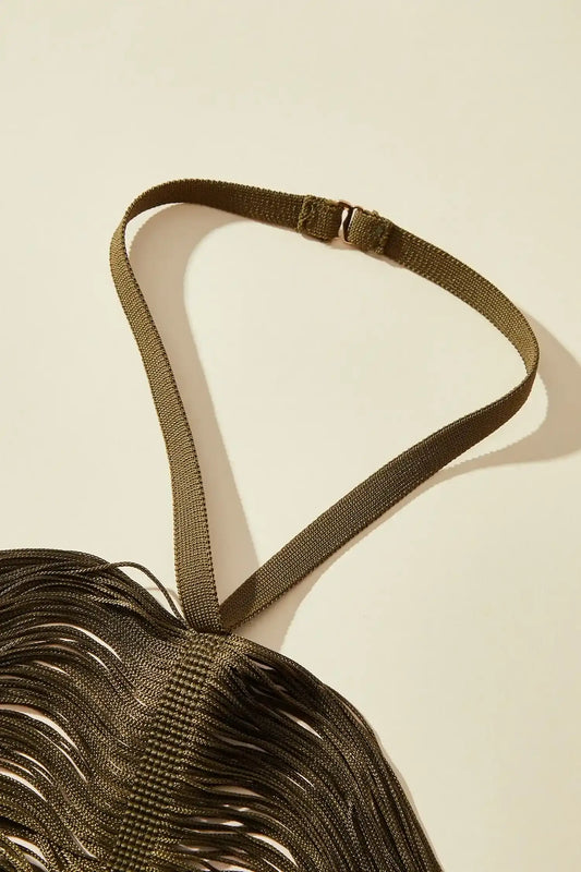 Olive Green Fringe Halter Maxi Dress Dress