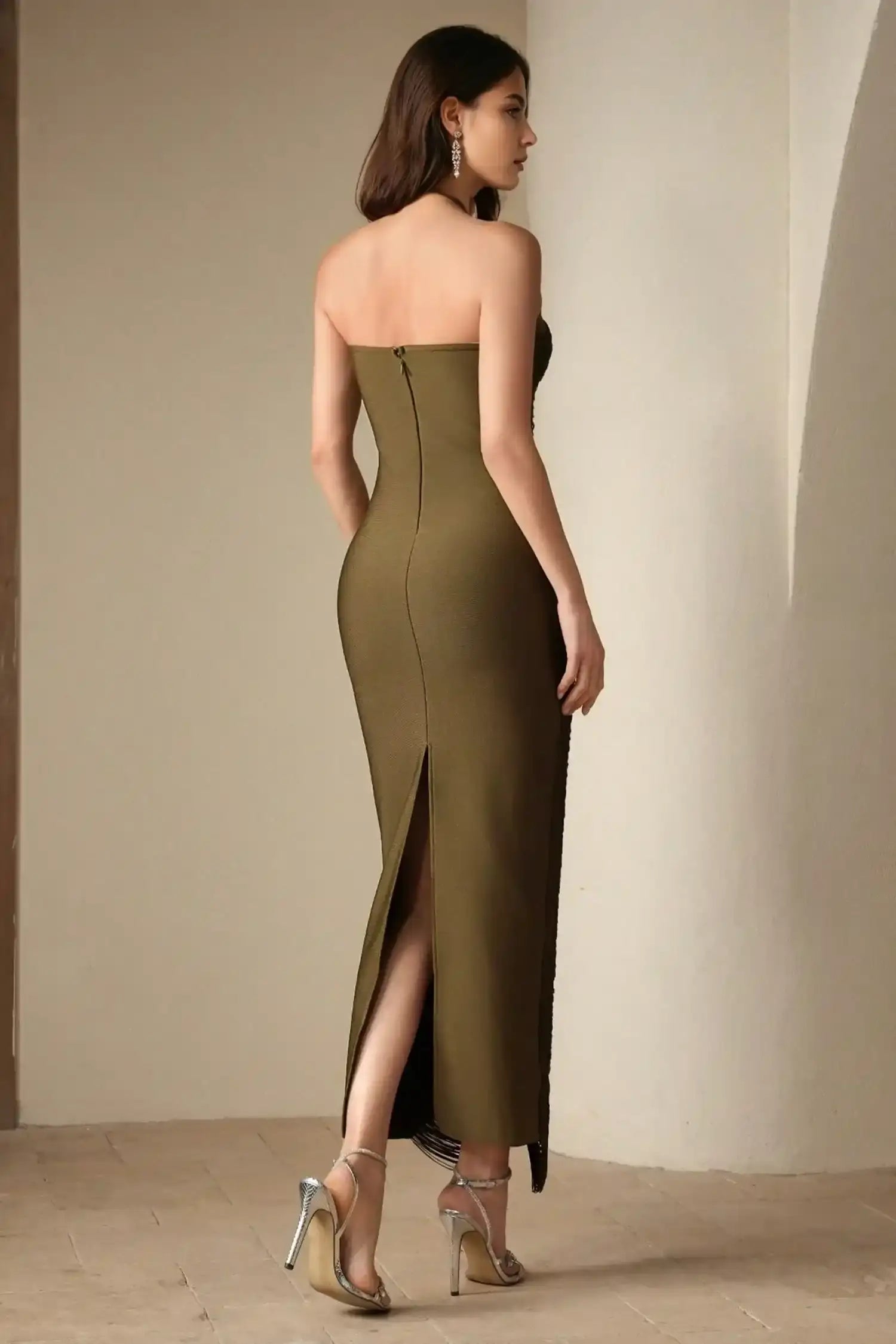 Olive Green Fringe Halter Maxi Dress Dress