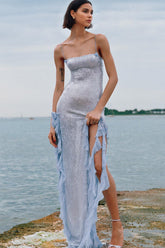 Pastel Blue Sequin Ruffle Split Maxi Dress Dress