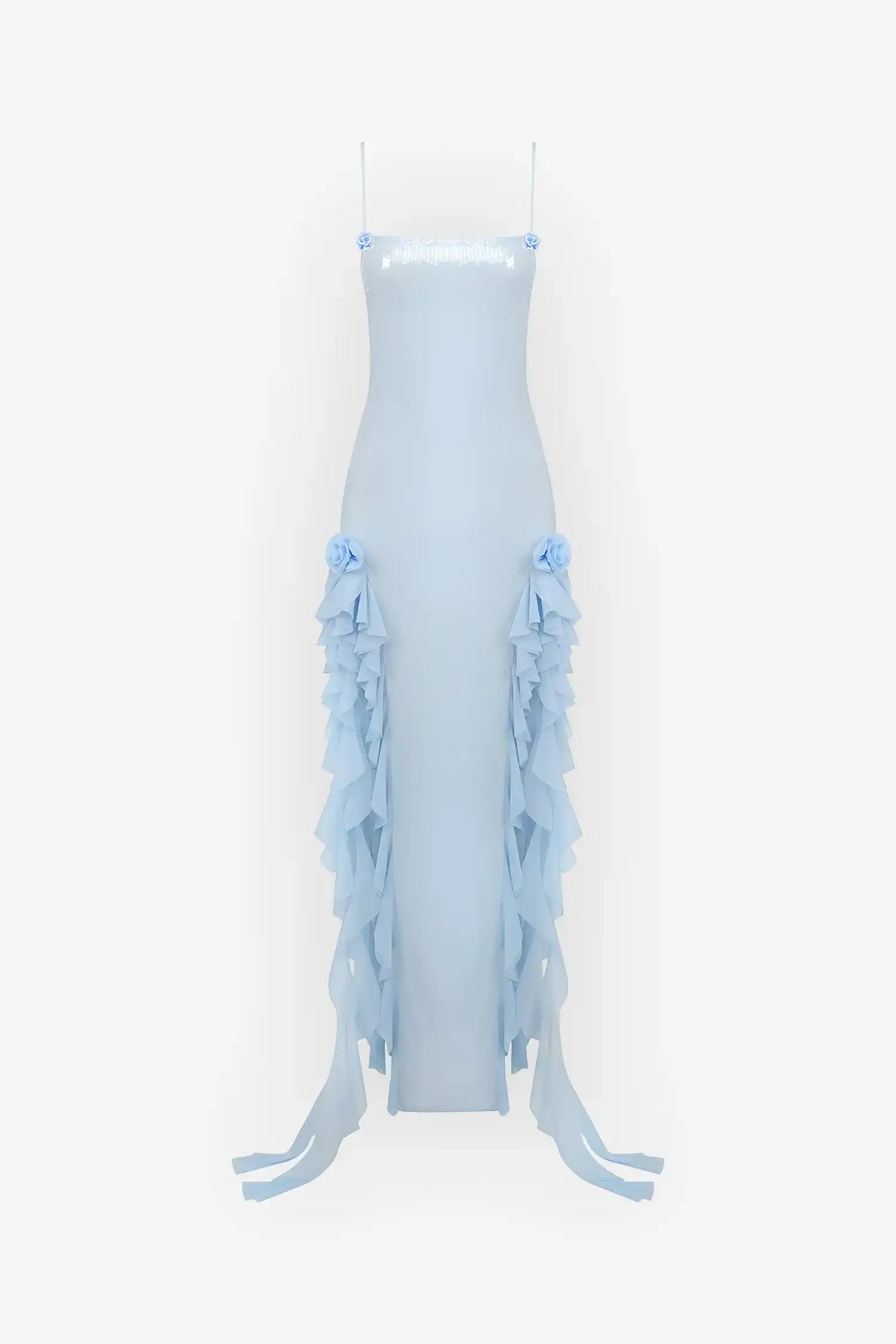 Pastel Blue Sequin Ruffle Split Maxi Dress Dress