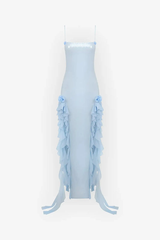 Pastel Blue Sequin Ruffle Split Maxi Dress Dress