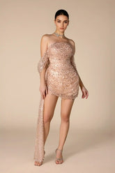 Peach Sequin Off The Shoulder Mini Dress Dress