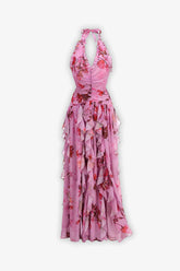 Pink Tulle Floral Ruffle Halter Maxi Dress Dress