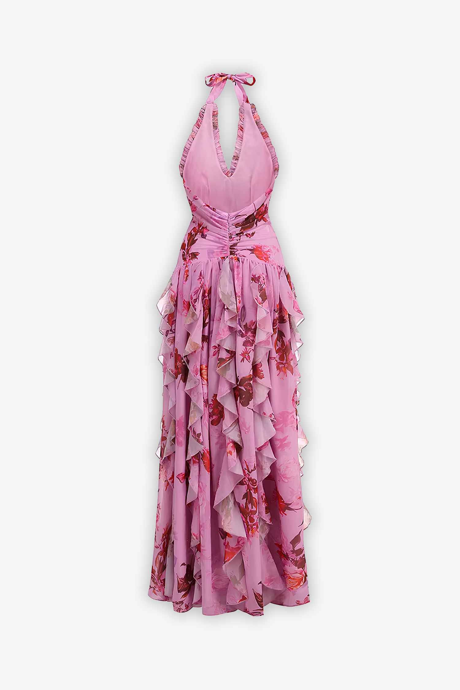 Pink Tulle Floral Ruffle Halter Maxi Dress Dress
