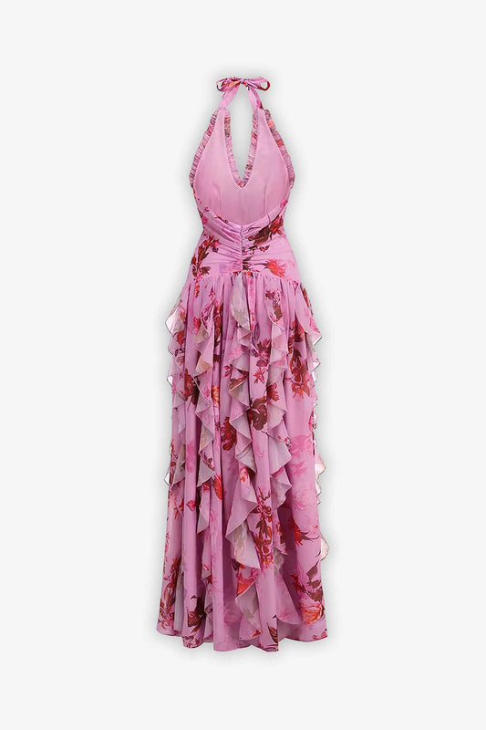 Pink Tulle Floral Ruffle Halter Maxi Dress Dress