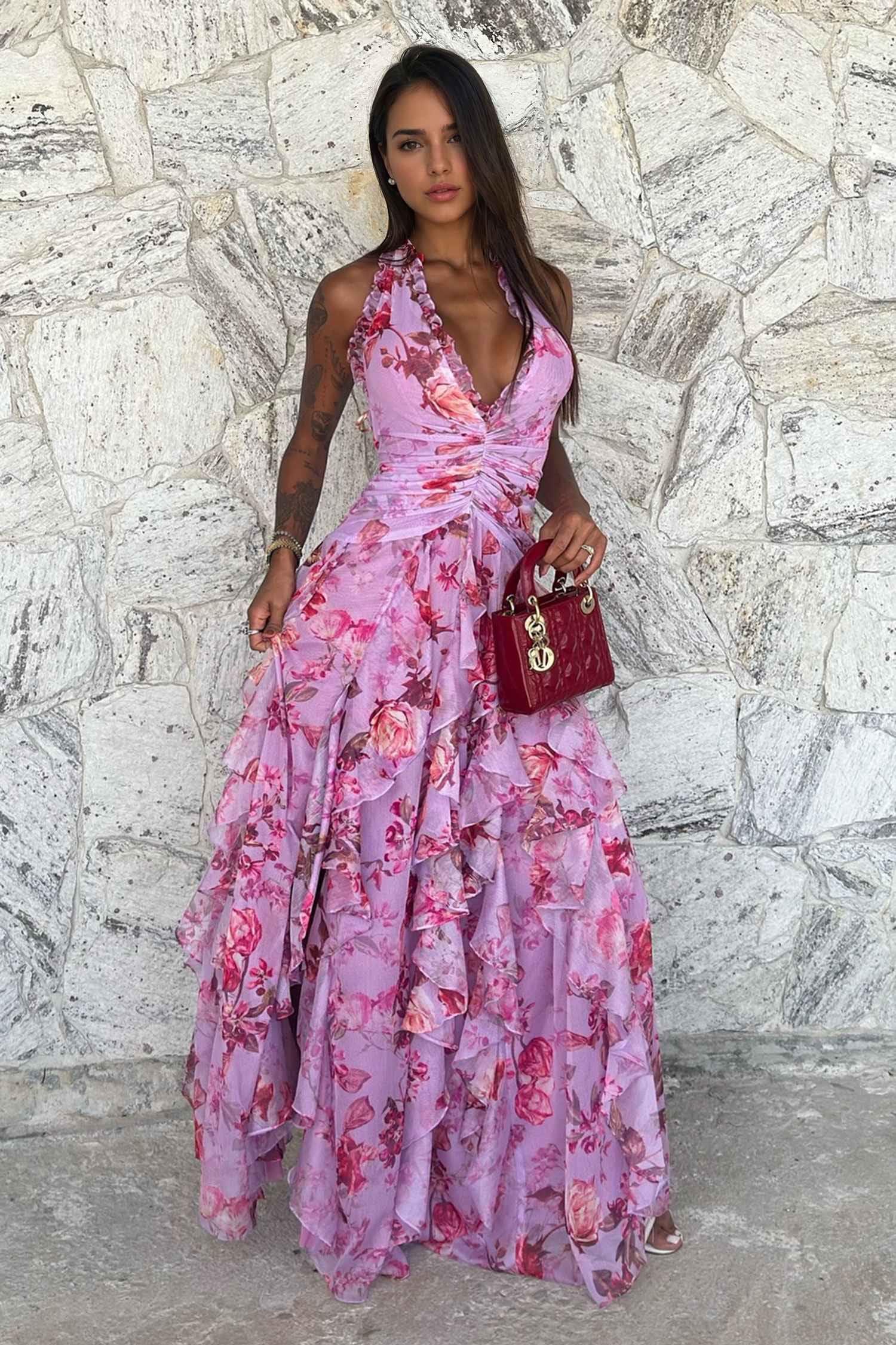 Pink Tulle Floral Ruffle Halter Maxi Dress Dress