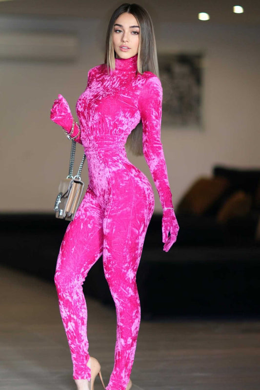 Pink Velvet Turtleneck Long Sleeve Jumpsuit Jumpsuit