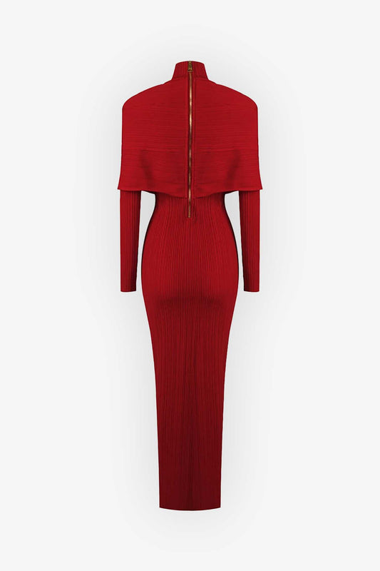 Red Long Sleeve High Neck Ribbed Maxi Dress Dress