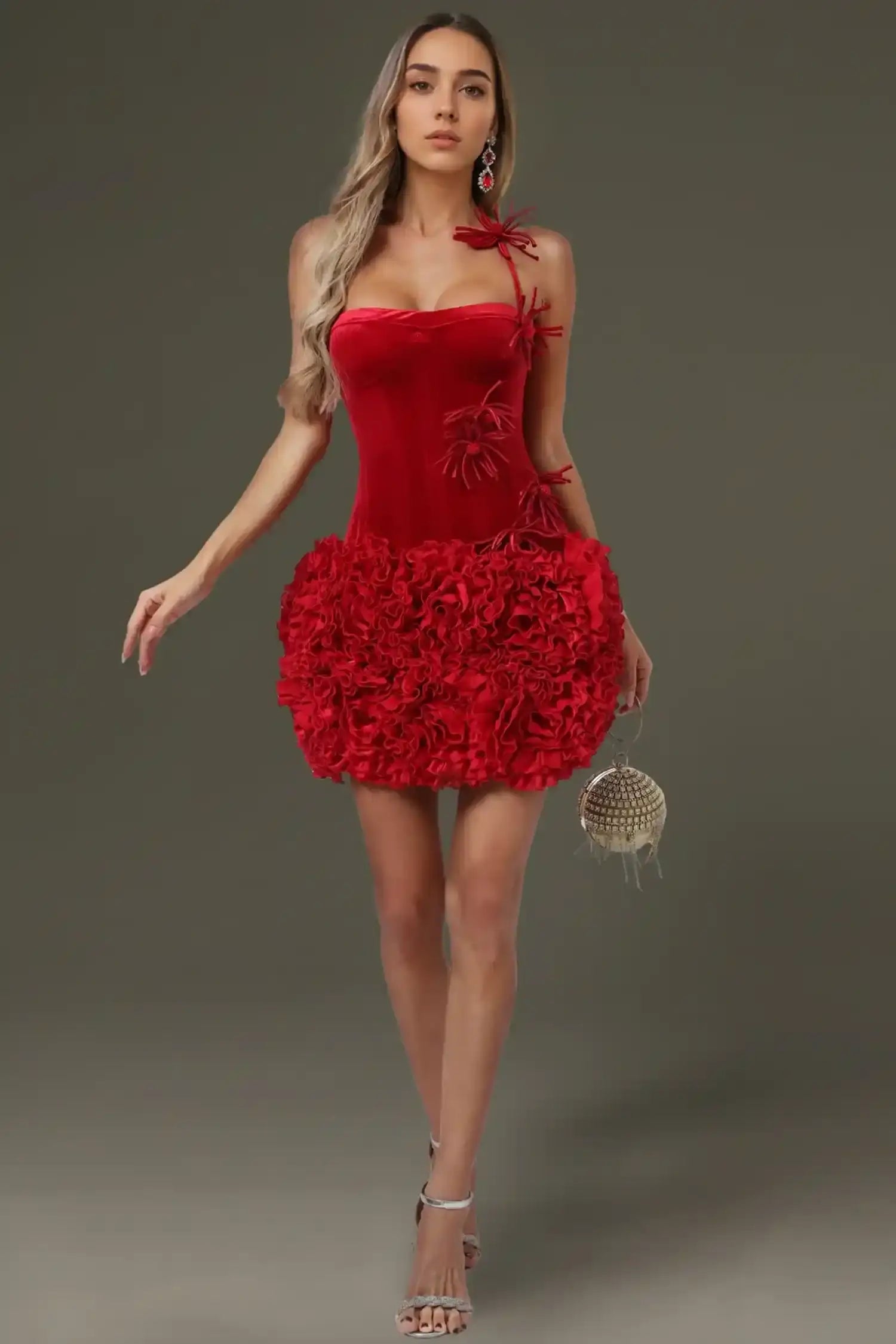 Red Velvet Corset Top And Bubble Floral Skirt Set Dress