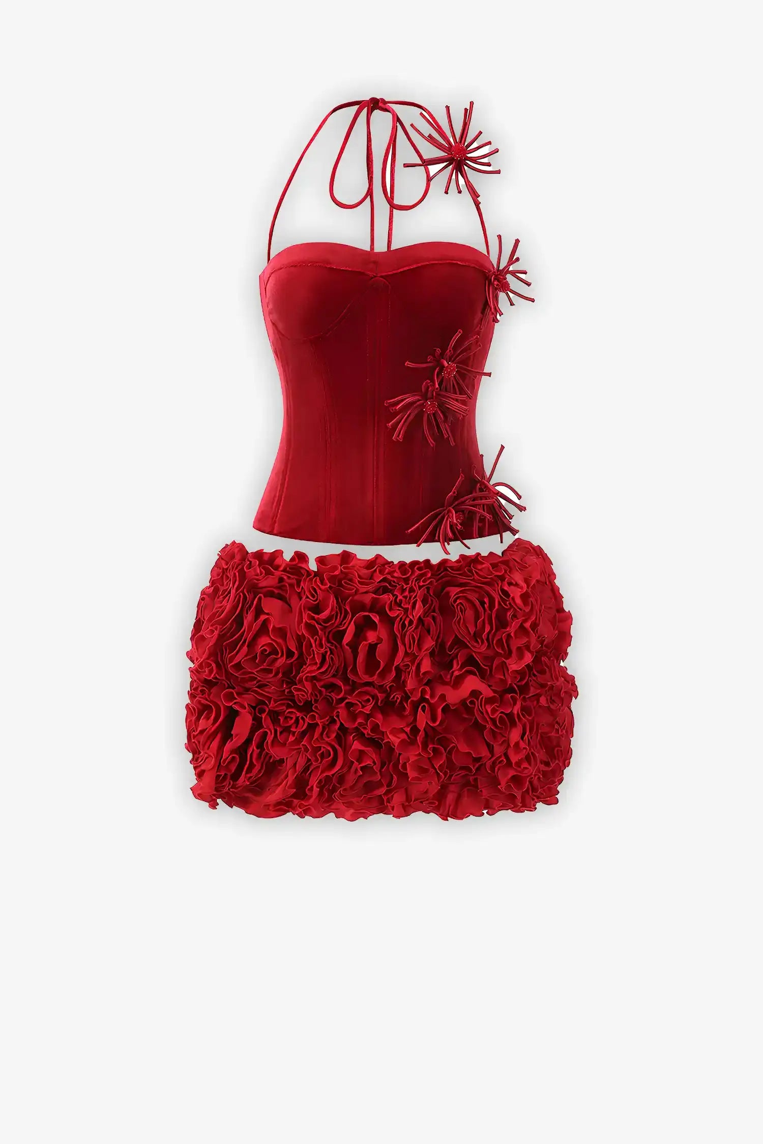 Red Velvet Corset Top And Bubble Floral Skirt Set Dress