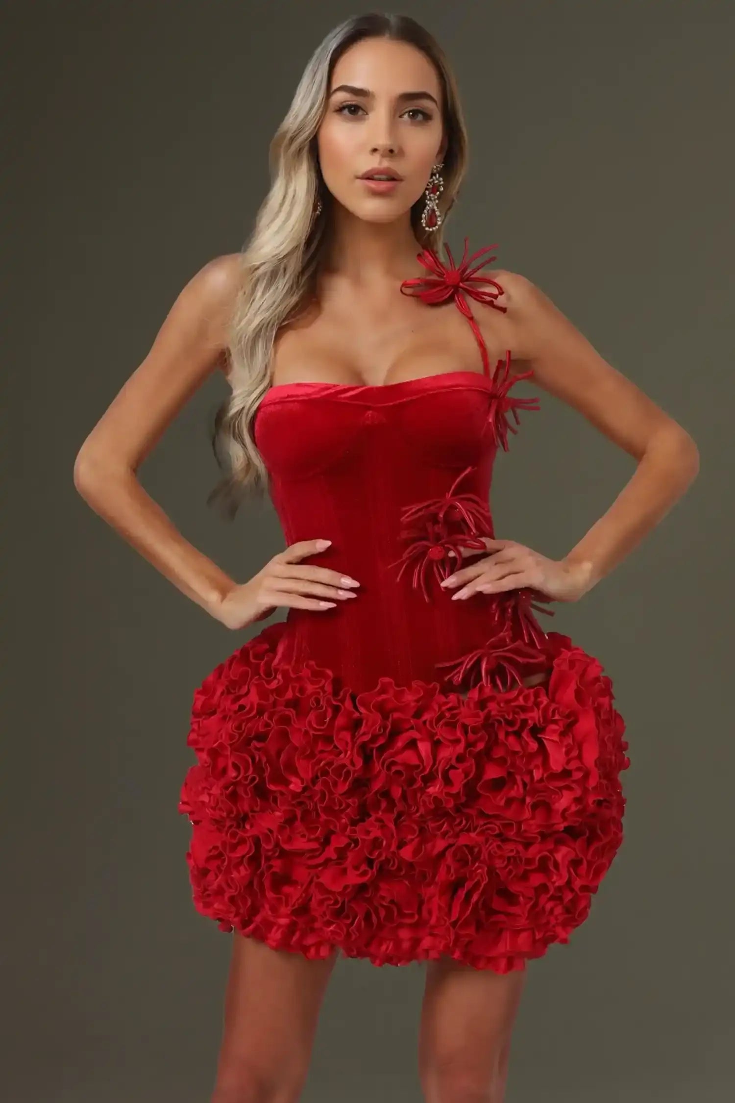 Red Velvet Corset Top And Bubble Floral Skirt Set Dress