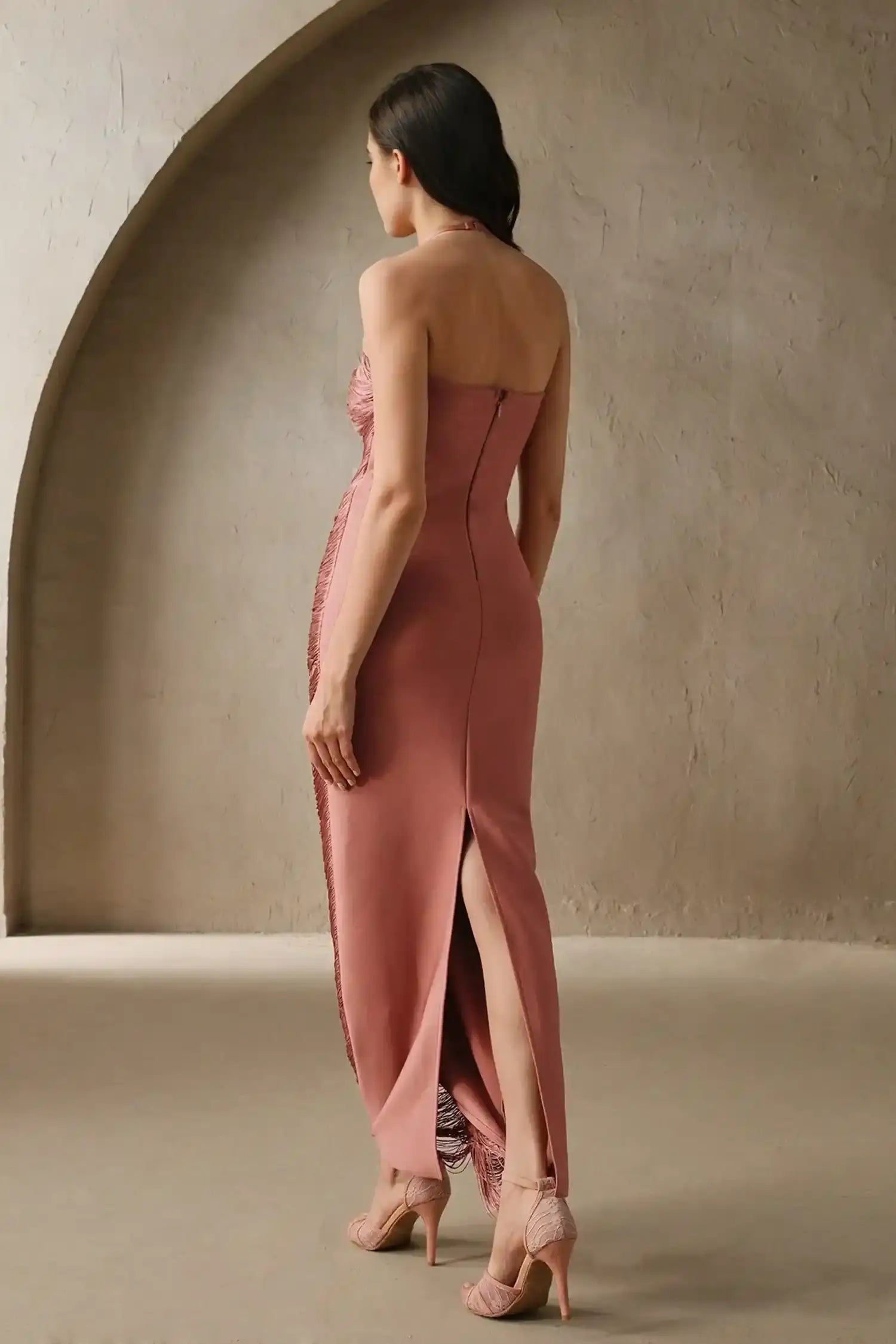 Rose Gold Halter Fringe Maxi Dress Dress