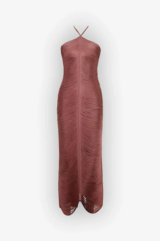 Rose Gold Halter Fringe Maxi Dress Dress