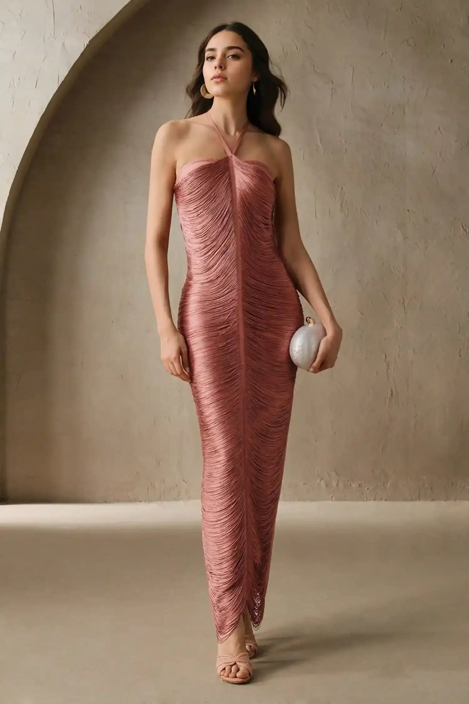 Rose Gold Halter Fringe Maxi Dress Dress