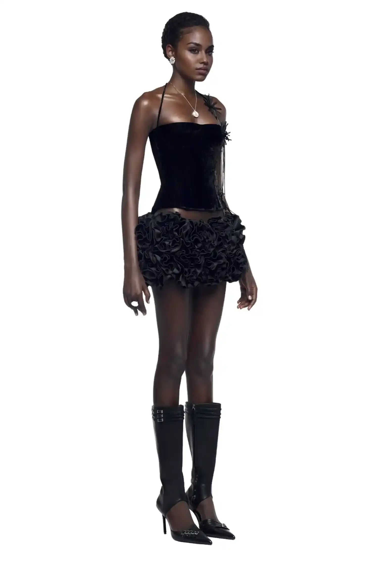 Two Piece Black Velvet Corset And Bubble Floral Skirt Dress