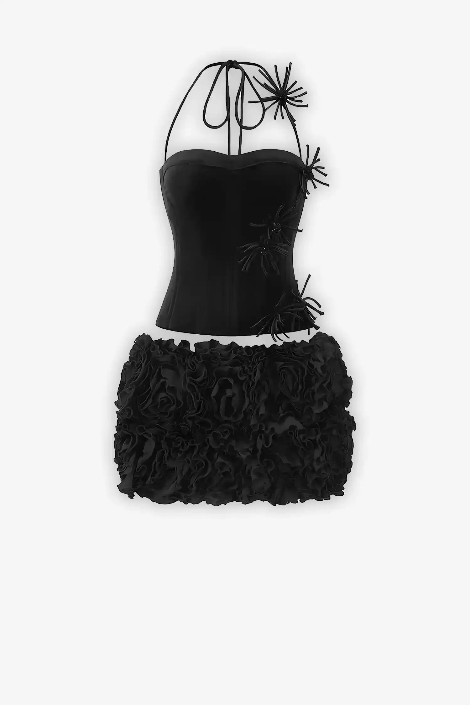 Two Piece Black Velvet Corset And Bubble Floral Skirt Dress