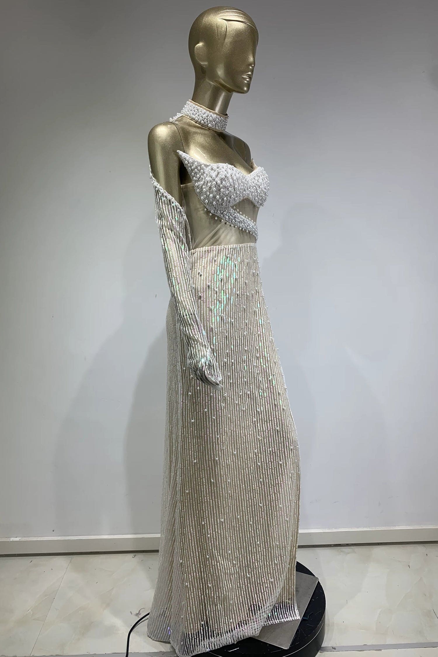 White Sheer Pearl Embellished Slit Maxi Dress Dress