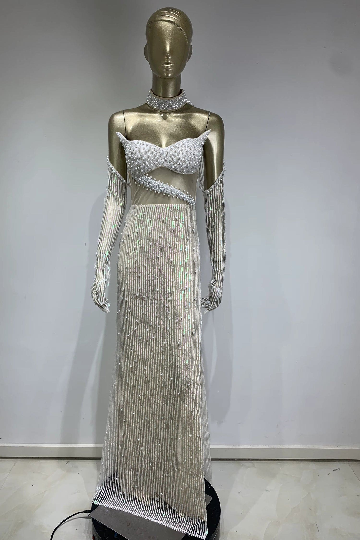 White Sheer Pearl Embellished Slit Maxi Dress Dress