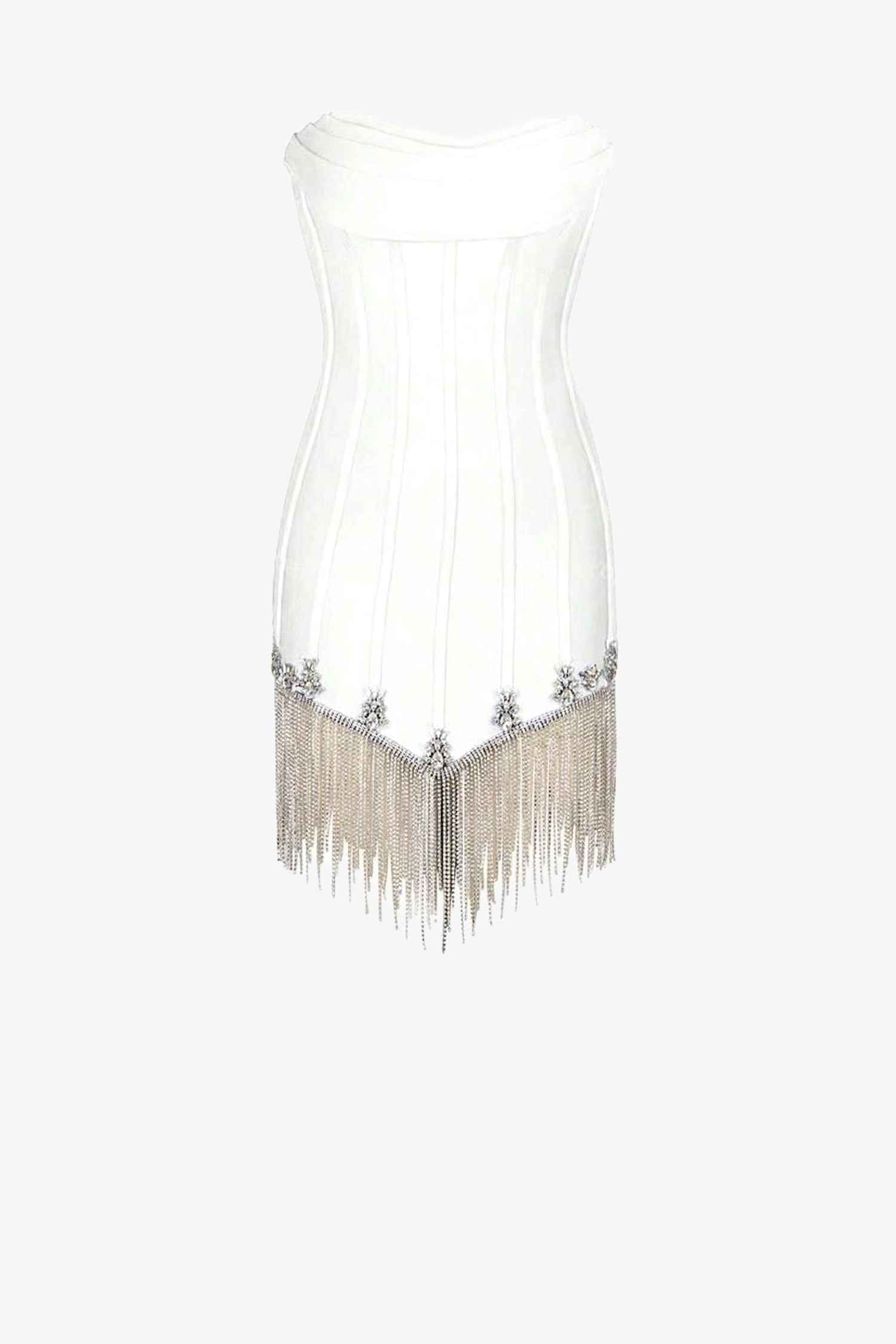 White Strapless Rhinestone Fringe Corset Mini Dress Dress