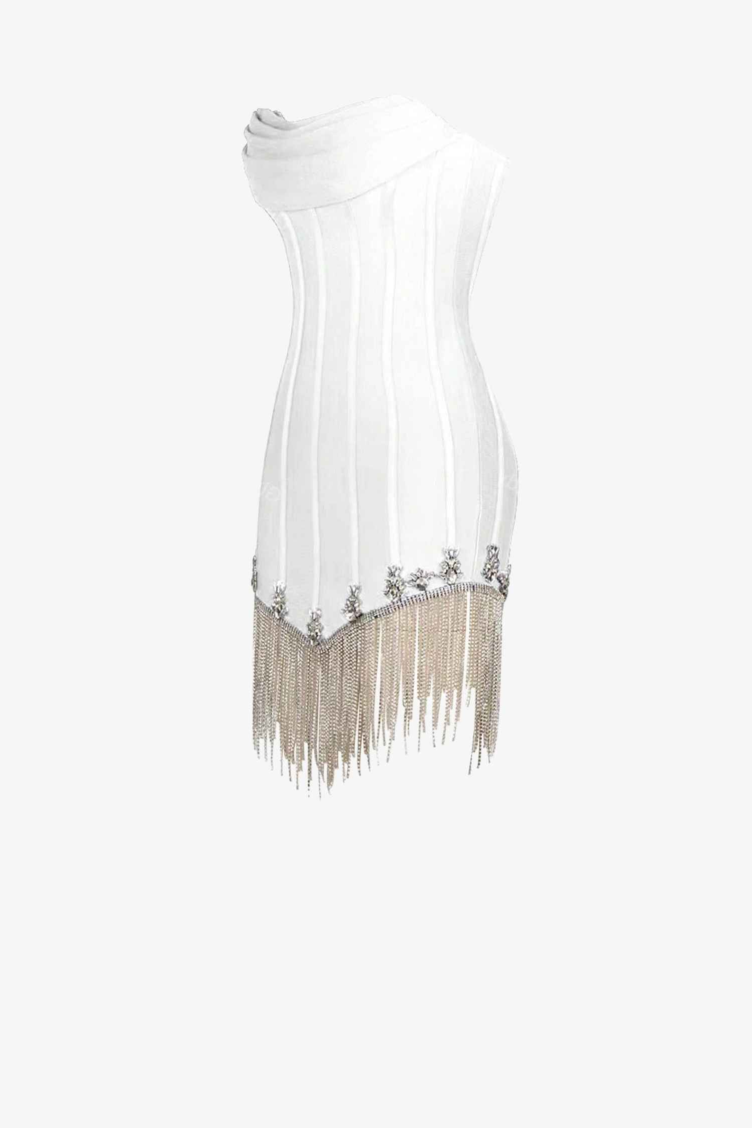 White Strapless Rhinestone Fringe Corset Mini Dress Dress