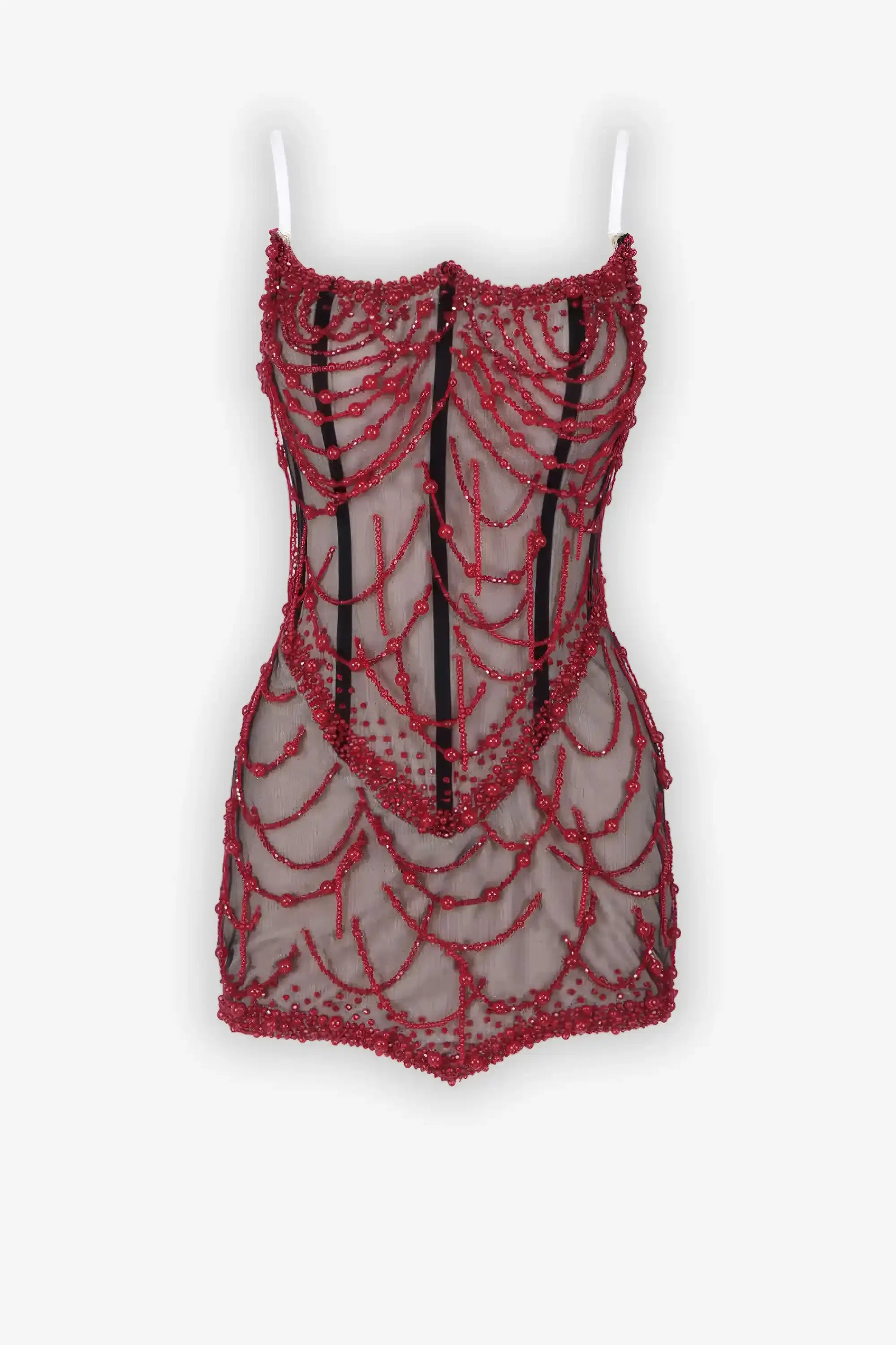Red Beaded Sheer Corset Mini Dress Dress