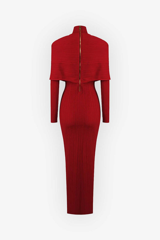 Red Long Sleeve High Neck Ribbed Maxi Dress
