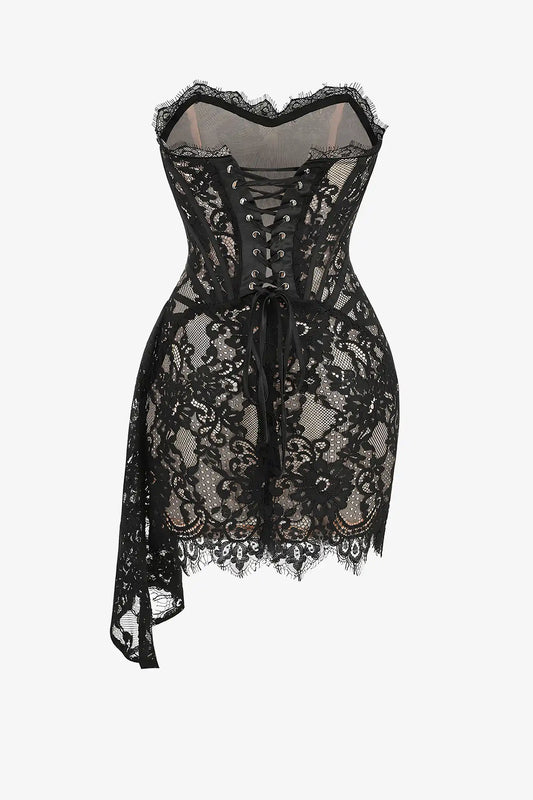 Black Corset Strapless Lace Mini Dress