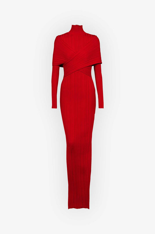 Red Long Sleeve High Neck Ribbed Maxi Dress