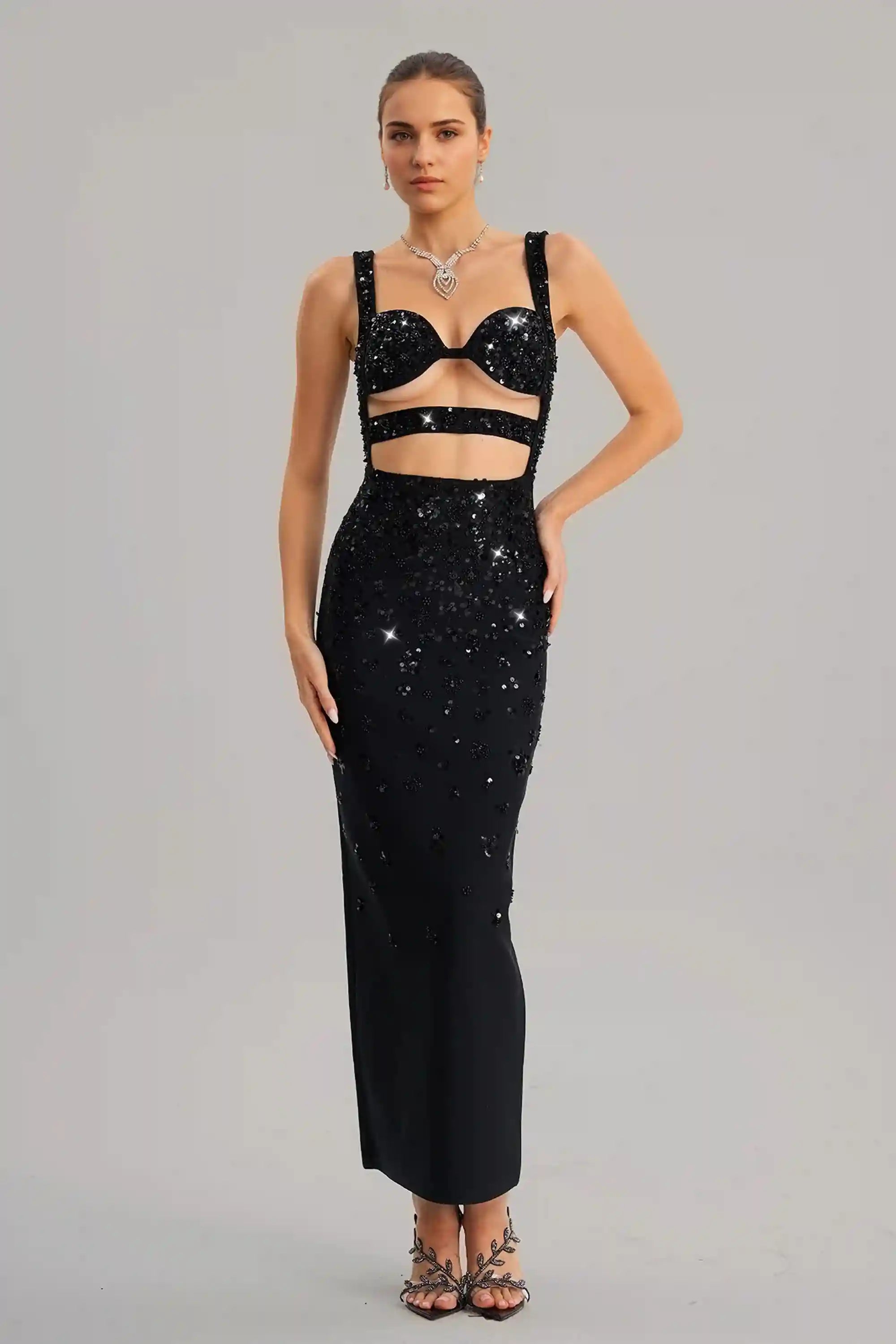 Black Sequin Cutout Maxi Dress