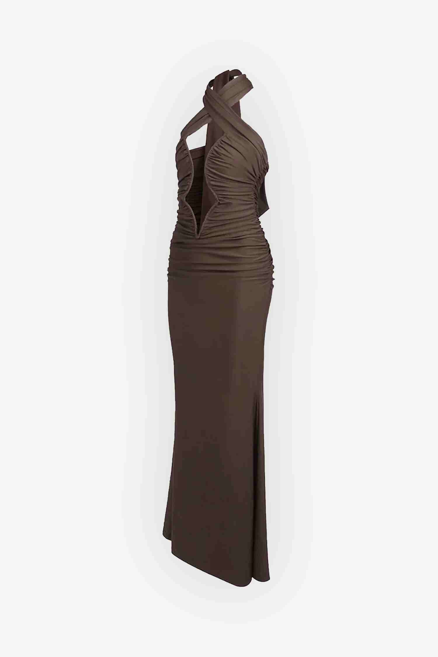 Brown Halter Crisscross Cutout Ruched Bodycon Maxi Dress Dress