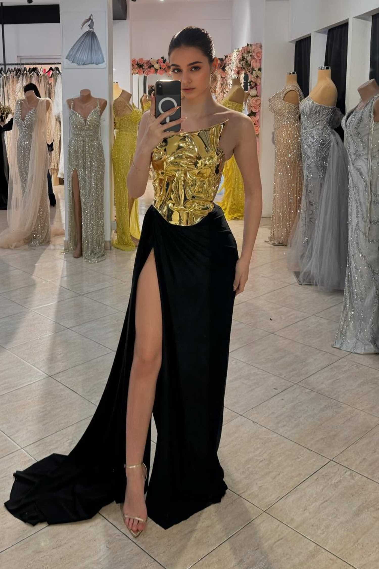 Gold Metallic Corset Top and Black Satin Skirt Two Piece Dress Dress