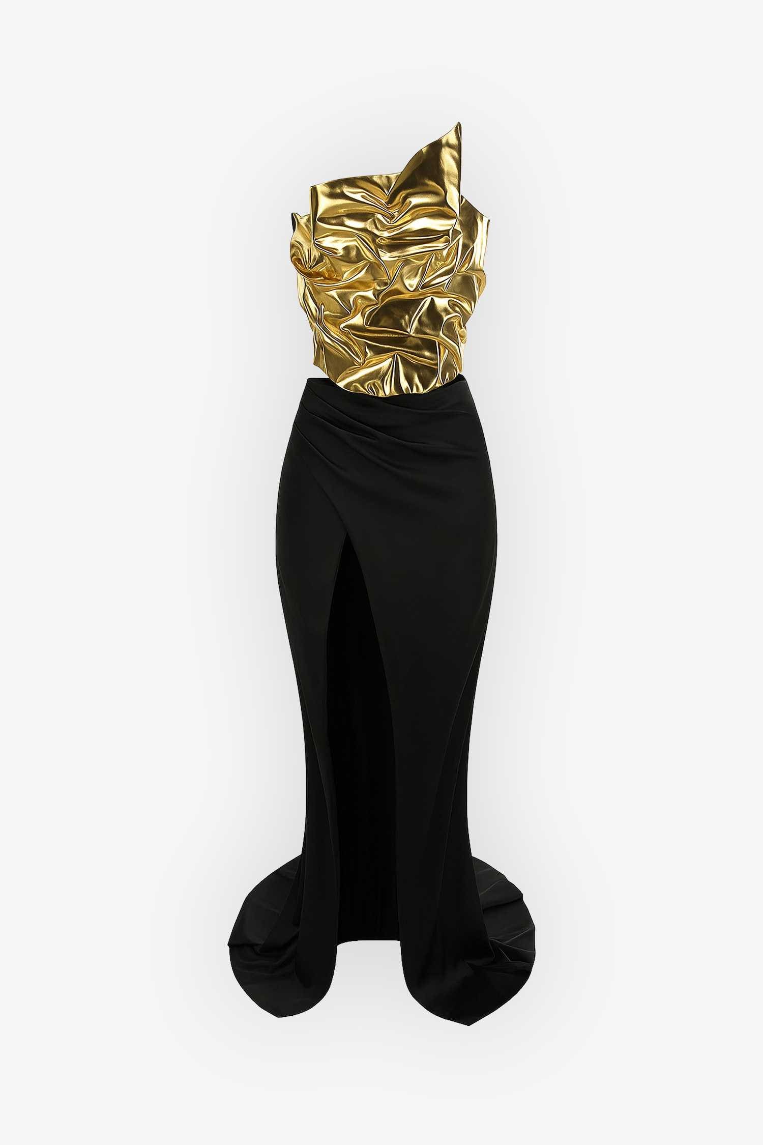 Gold Metallic Corset Top and Black Satin Skirt Two Piece Dress Dress