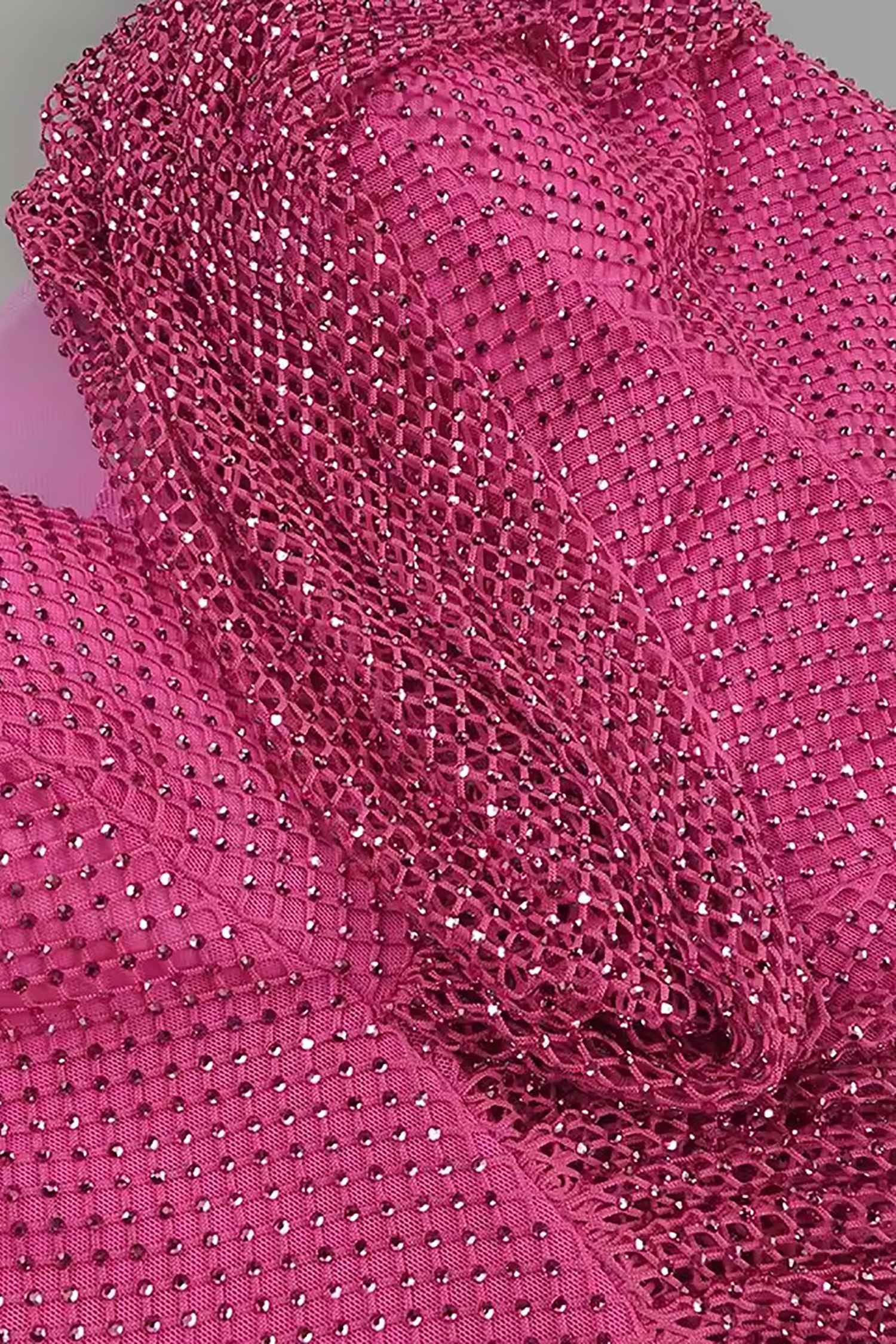 Hot Pink Rhinestone Draped Mesh Maxi Dress Dress