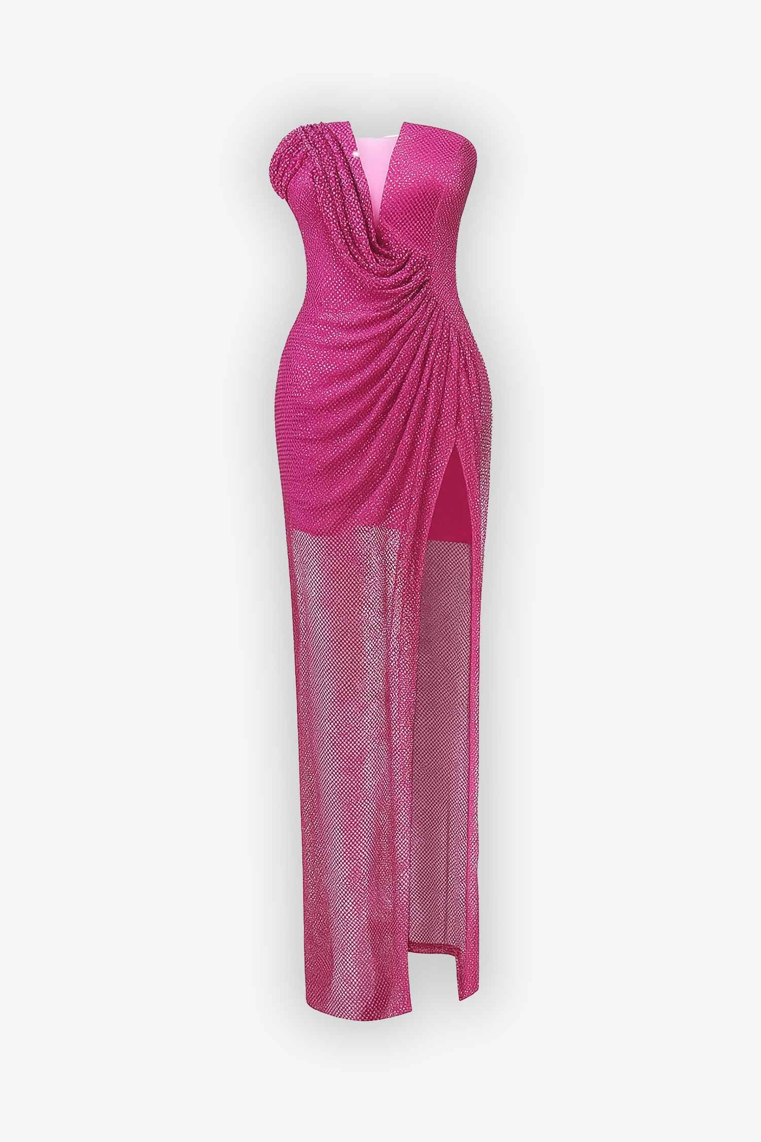 Hot Pink Rhinestone Draped Mesh Maxi Dress Dress