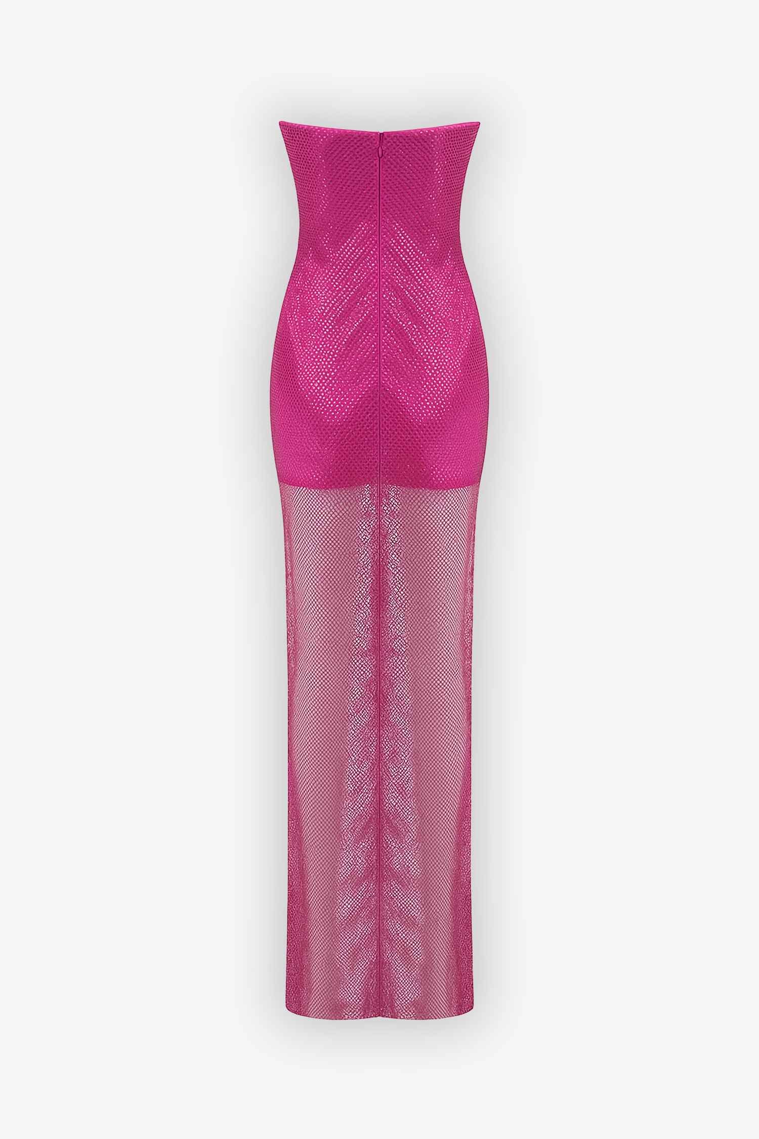 Hot Pink Rhinestone Draped Mesh Maxi Dress Dress