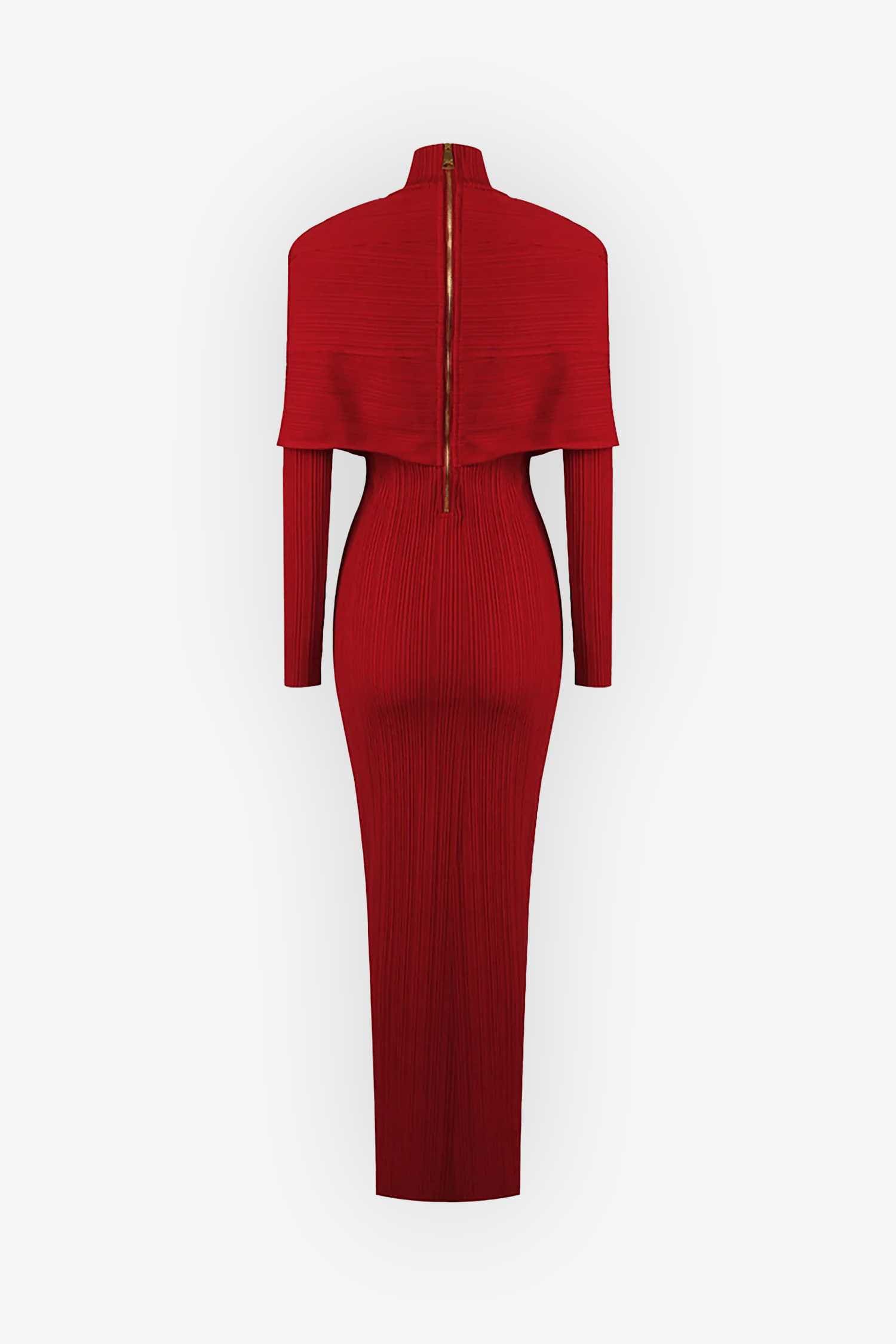 Red Long Sleeve High Neck Ribbed Maxi Dress Dress
